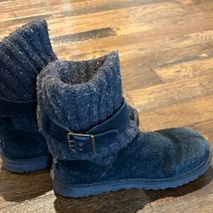 UGG Black Suede Knit-Cuff Buckle Ankle Boots